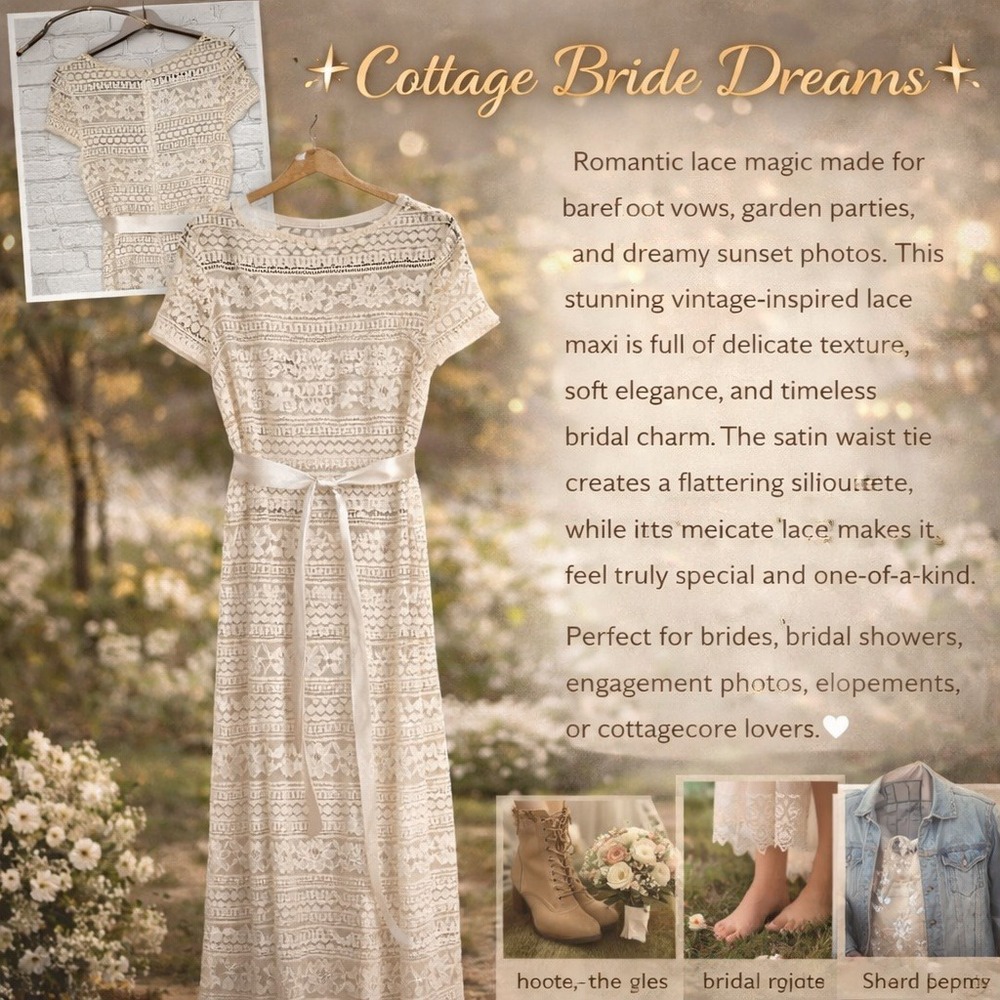 Adrianna Papell Lace Sequin Maxi Dress‎ Ivory Cream Cottagecore Bridal Size 10